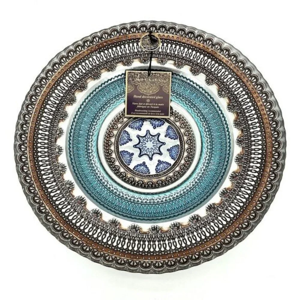Turkish Glass Round Bowl Dinner Blue Silver Brown Lace Print 13.5
